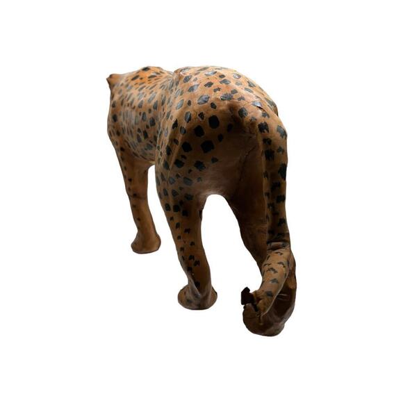 Mid-century 1970s Vintage African Leather Wrapped Hand Painted Leopard Statue - Picture 5 of 7